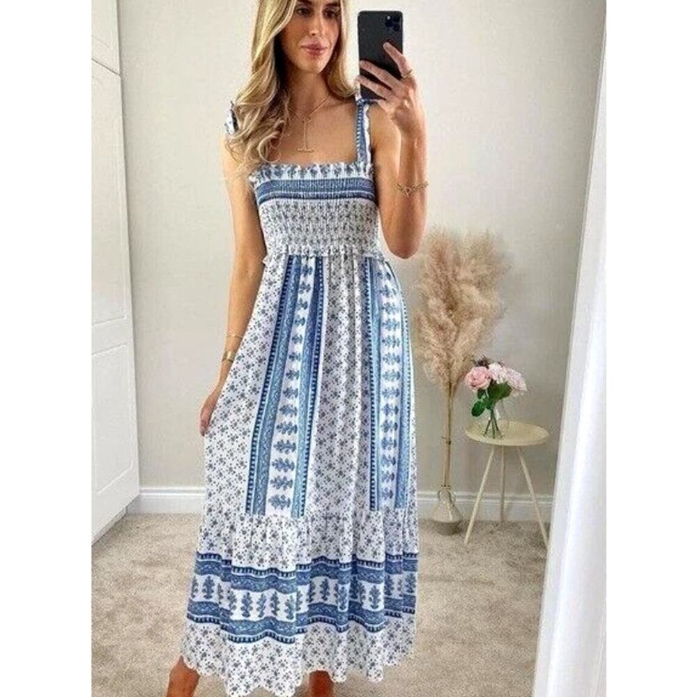 ZARA Floral Smocked Midi Dress Ruffle Square Neck Tie Shoulder Maxi Cottagecore